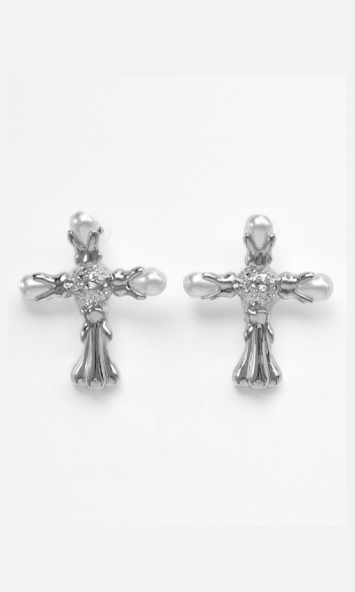 Σκουλαρίκια Cardinal με σταυρό από επιπλατινωμένο ορείχαλκο και πέρλες
